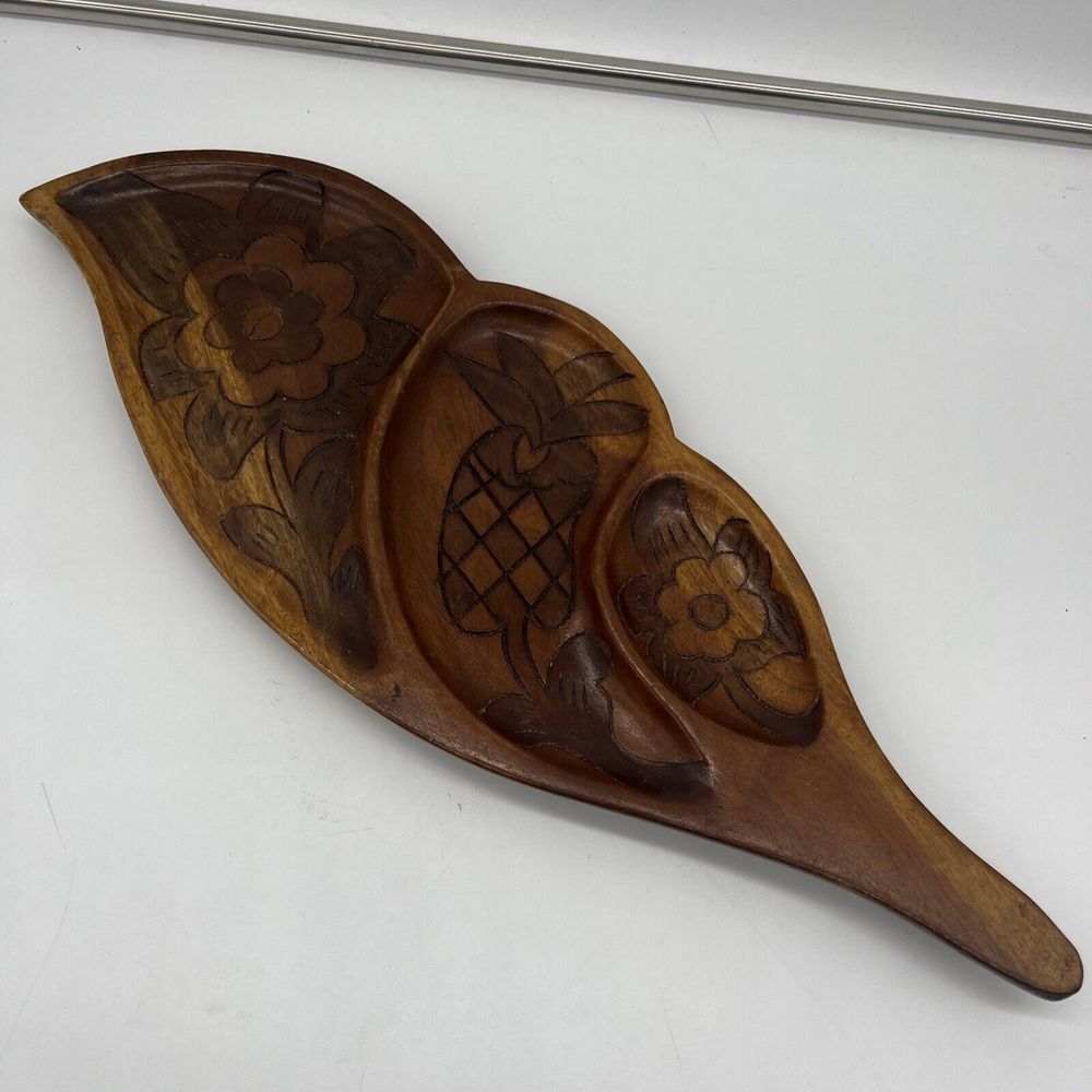 Hand Carved Monkeypod Freeform Wood Tray Leaf Shape Flower Designs 3‎ Sections